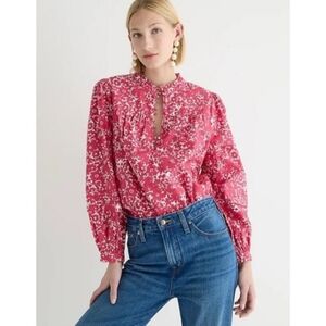 J. Crew Pink White Floral Long Sleeve Popover Top Blouse Size XXS